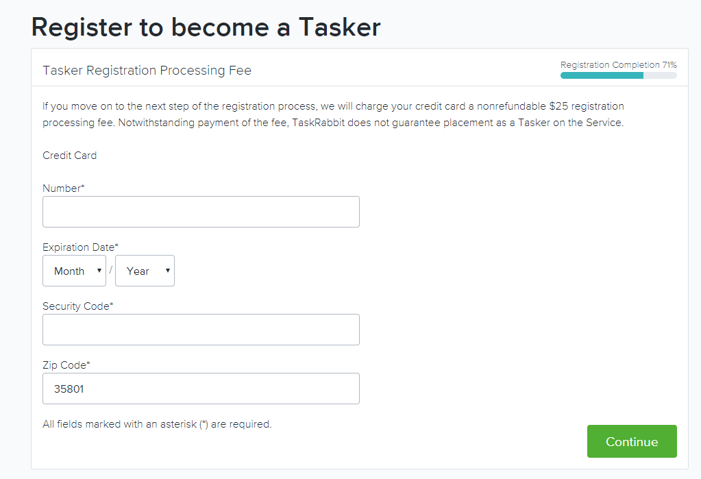 TaskRabbit registration fee