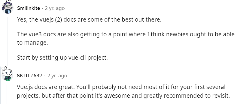 Comments on Vue’s documentation on Reddit