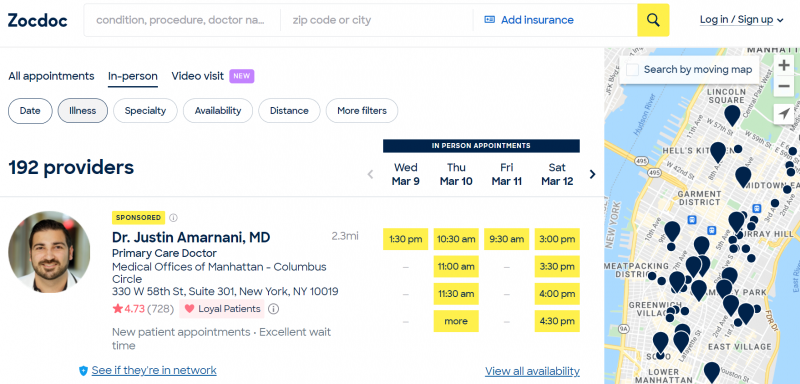 Appointment scheduling calendar feature on ZocDoc